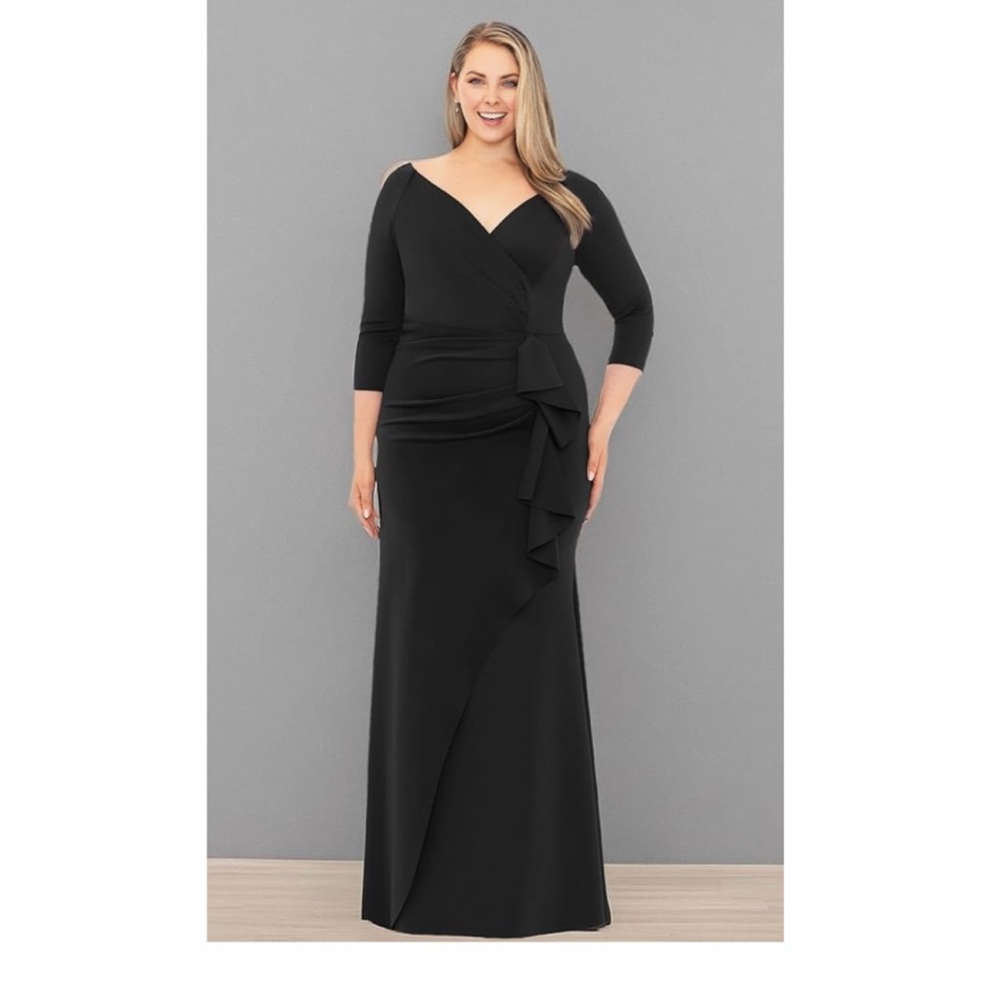 Xscape 3/4 Sleeve Black Ruffle Faux Wrap Gown